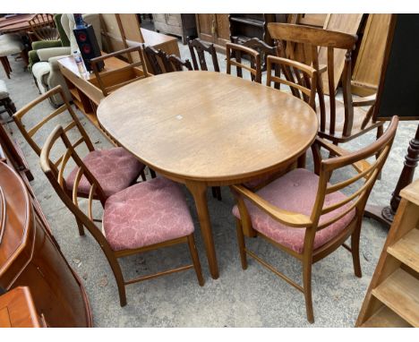 A MCINTOSH RETRO TEAK EXTENDING DINING TABLE, 60" X 39" (LEAF 21") AND SIX LADDER BACK DINING CHAIRS, TWO BEING CARVERS