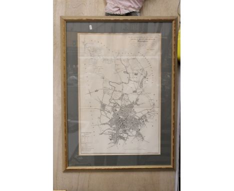 A FRAMED PRINT OF AN 1810 MAP OF THE TOWN AND PARISH OF BIRMINGHAM, 90CM X 67CM