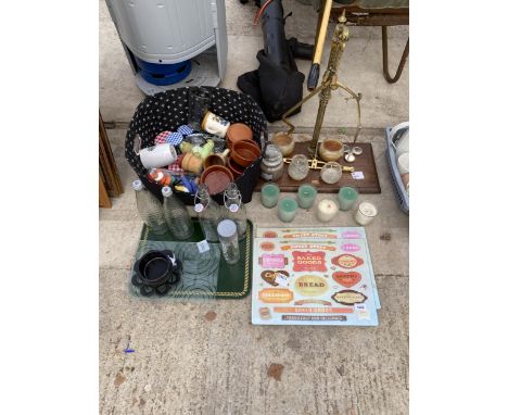 AN ASSORTMENT OF ITEMS TO INCLUDE CANDLES, GLASS BOTTLES AND SCALES ETC