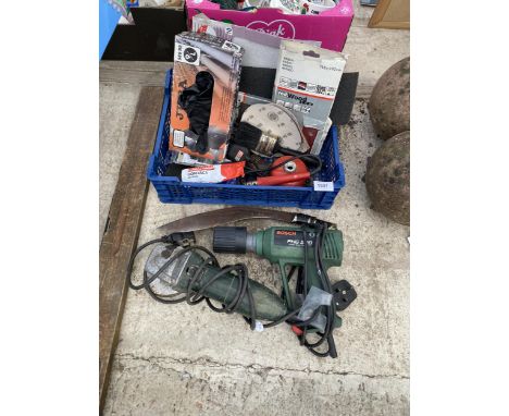 AN ASSORTMENT OF TOOLS TO INCLUDE A BOSCH ANGLE GRINDER AND HEAT GUN ETC