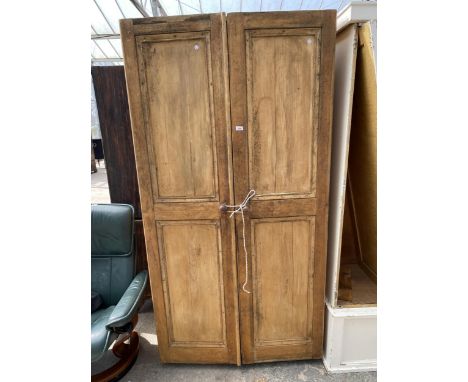 A VICTORIAN PINE TWO DOOR WARDROBE, 42" WIDE WITH SIX SLIDES AND TWO INTERNAL DRAWERS