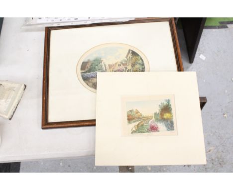 TWO VINTAGE WATERCOLOURS ONE OF A VILLAGE SCENE THE OTHER A RIIVER, BOTH SIGNED FARE