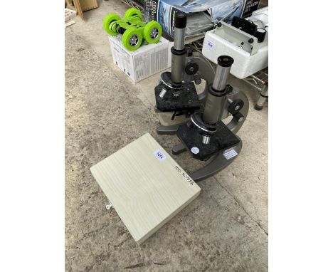 TWO OLYMPUS TOKYO MICROSCOPES AND A BOX OF GLASS SLIDES