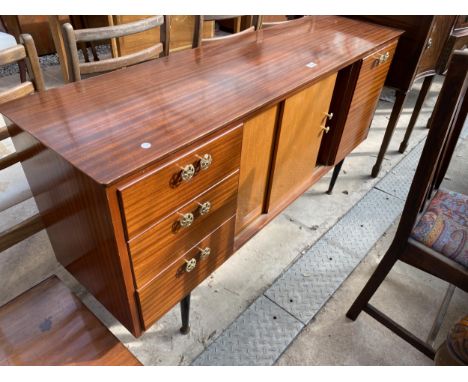 A HARRIS LEBUS TOLA WOOD SIDEBOARD ENCLOSING THREE DRAWERS, TWO CUPBOARDS AND TWO SLIDING DOORS, 61" WIDE