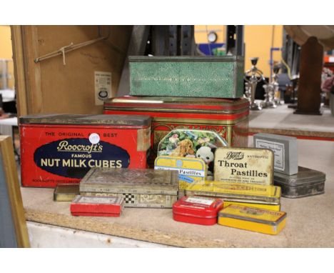 AN ASSORTMENT OF VINTAGE TINS TO INCLUDE THROAT PASTILLES, NUT MILK CUBES