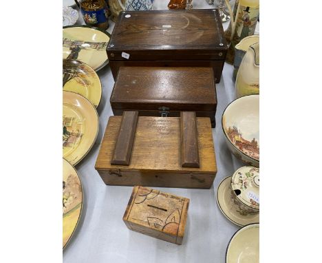 FOUR VINTAGE WOODEN BOXES TO INCLUDE A MAHOGANY WRITING SLOPE, MONEY BOX, ETC