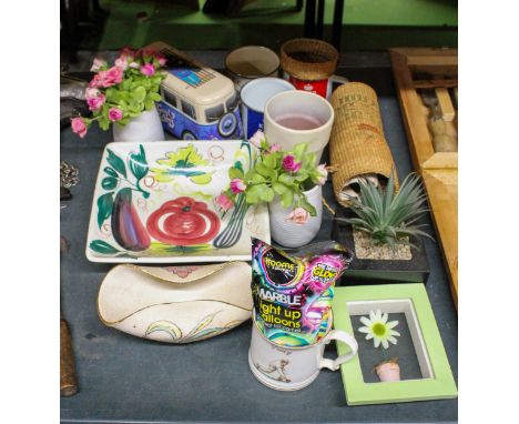 AN ASSORTMENT OF ITEMS TO INCLUDE A CERAMIC BOWL, FAKE POTTED PLANTS, WICKER BASKETS, LIGHT UP BALLOONS ETC