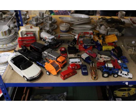A COLLECTION OF TOY VEHICLES TO INCLUDE A CORGI REFUSE COLLECTOR, TRACTORS, BUS, VANS, CARS, ETC