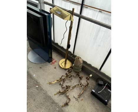 A DECORATIVE BRASS STANDARD LAMP, WALL LIGHT FITTINGS AND SHADES