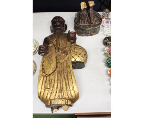 A VINTAGE POSSIBLY BURMESE MANDALAY FIGURE OF A STANDING BUDDAH - A/F, HEIGHT APPROX 80CM