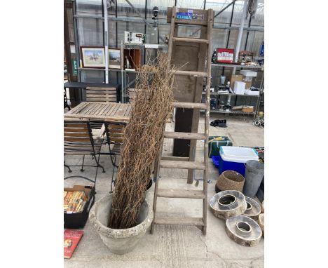 AN ASSORTMENT OF ITEMS TO INCLUDE WILLOW STICKS, PLANTERS AND A WOODEN STEP LADDER