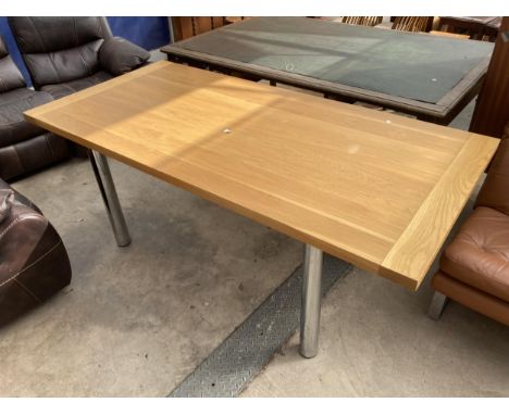 A LIGHT OAK DINING TABLE ON ROUND POLISHED CHORME LEGS, 75" X 35"