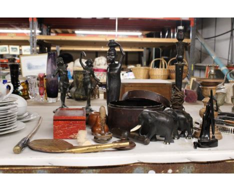 A MIXED LOT TO INCLUDE EBONY ELEPHANTS, SPELTER FIGURES - A/F, TREEN FRUIT, A TABLE LAMP BASE, BOXES, ETC