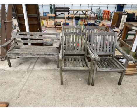 FOUR WOODEN SLATTED GARDEN CHAIRS AND A BENCH