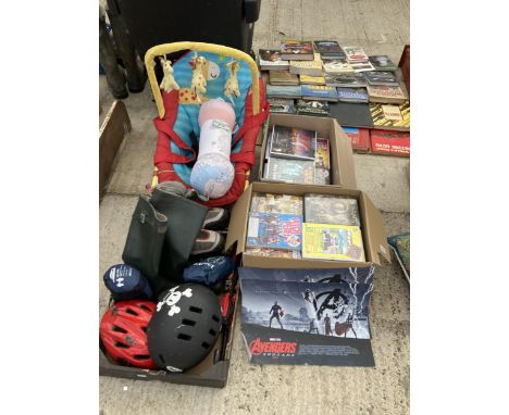 AN ASSORTMENT OF ITEMS TO INCLUDE ROLLER SKATES, DVDS AND WELLIES ETC