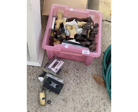 AN ASSORTMENT OF CHESS PIECES AND CASSETTES ETC