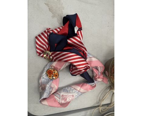 TWO MULTI COLURED SCARVES WITH SCARF CLIPS