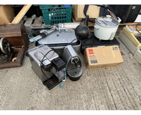 AN ASSORTMENT OF ITEMS TO INCLUDE A ANGLE POISE STYLE LAMP, TWO PRINTERS AND TWO COFFEE MACHINES