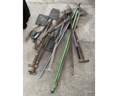 A COLLECTION OF GARDEN TOOLS TO INCLUDE SPADES, FORKS AND RAKES ETC