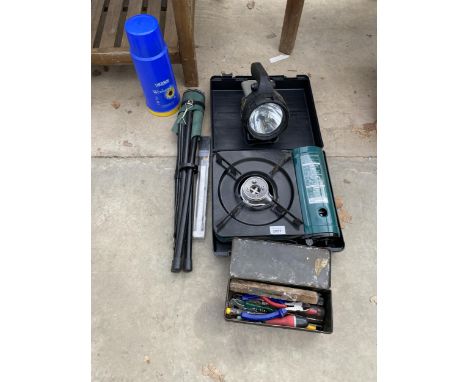 AN ASSORTMENT OF ITEMS TO INCLUDE A CAMPING STOVE, THERMOS FLASK AND TOOLS ETC