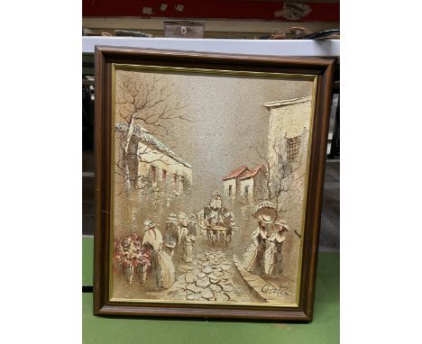 A TEXTURED OIL ON CANVAS OF A VINTAGE STREET SCENE SIGNED CHEZAR