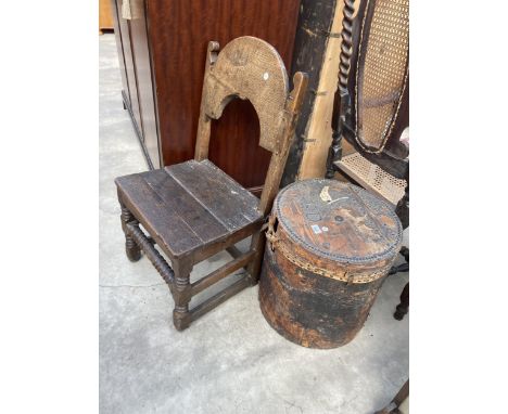 A HARRINGTON STUDDED TRUNK, 17" DIAMETER, NO.305 HOLBORN (TRUNKS FOR THE EAST, WEST INDIAN AND AMERICAN TRADES) AND AN 18TH C