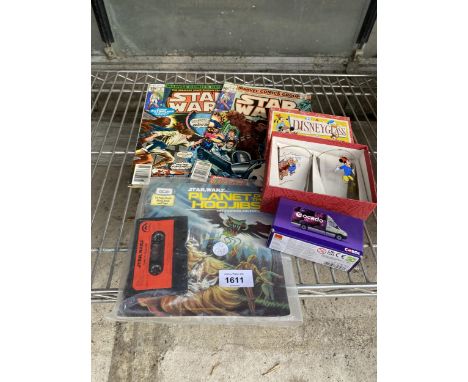 THREE STAR WARS COMICS, DISNEY GLASSES AND A CORGI VAN ETC