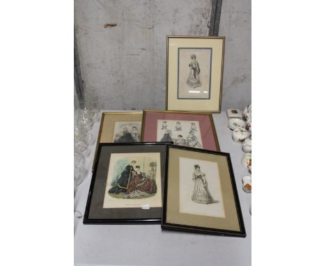 FIVE VINTAGE FASHION PRINTS, FRAMED
