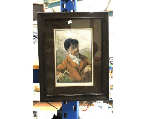 A MAHOGANY FRAMED PRINT TITLED 'THE JOLLY HUNTSMAN', 47CM X 27CM