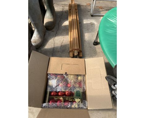 A WOODEN FOLDING ARTISTS EASEL AND CHRISTMAS DECORATIONS
