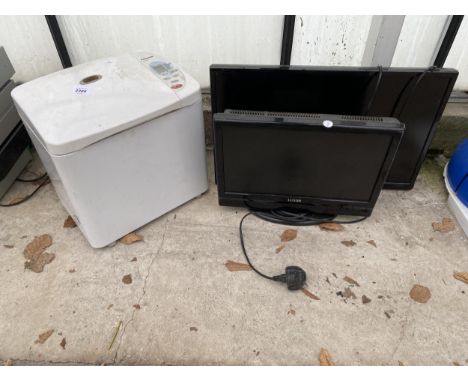 A BREAD MAKER AND TWO TELEVISIONS