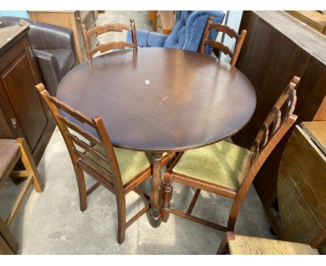 AN OAK DINING TABLE, 43" DIAMETER AND FOUR LADDER BACK DINING CHAIRS