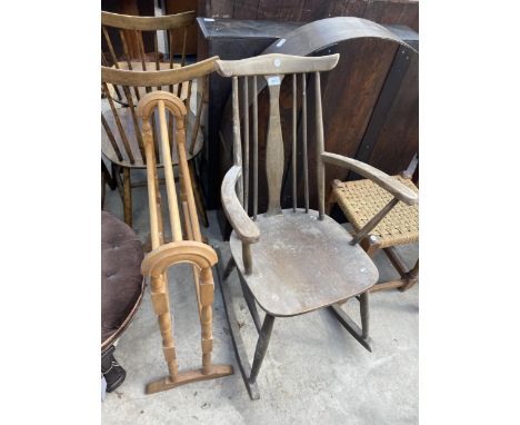 AN ERCOL STYLE ROCKING CHAIR AND FIVE BAR TOWEL RAIL