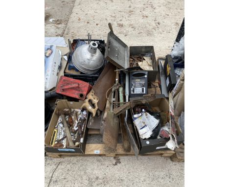 A LARGE ASSORTMENT OF VARIOUS TOOLS TO INCLUDE SPADES, SPANNERS AND HEAT LAMP SHADES ETC