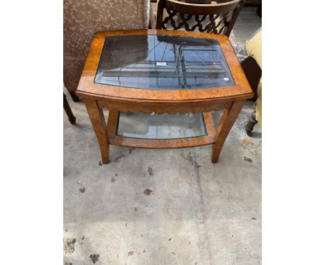 A YEW WOOD TWO TIER LAMP TABLE WITH INSET GLASS TOP, 26" X 21"