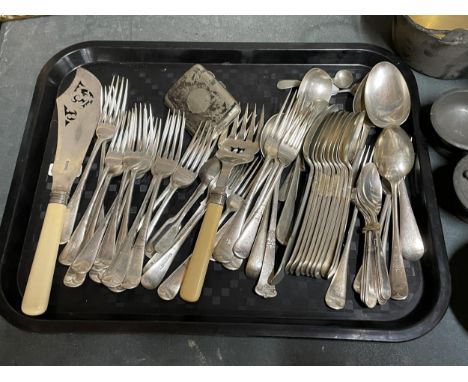 AN ASSORTMENT OF FLATWARE TO INCLUDE FORKS, SPOONS A FISH SHERVER AND A CIGARETTE CASE