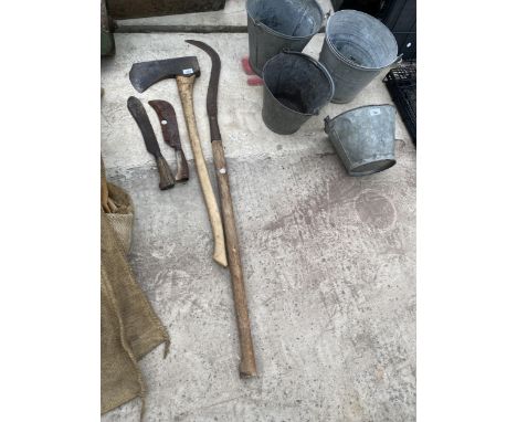 FOUR VINTAGE TOOLS TO INCLUDE AN AXE AND A BADGING HOOK