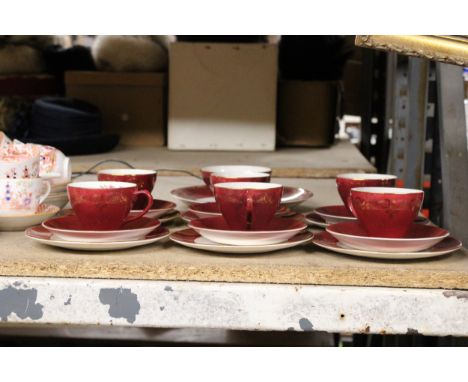 A VINTAGE EMPIRE, BURGUNDY WITH FLORAL INNER, SET OF SIX TRIOS, A CAKE PLATE AND SUGAR BOWL