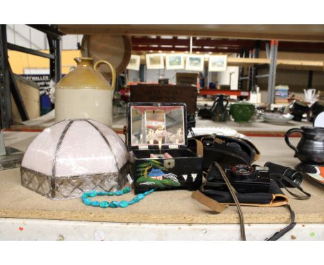 AN ASSORTMENT OF ITEMS TO INCLUDE LARGE SERVER PLATES, A CANON CAMERA, VINTAGE BINOCULARS, A JEWELRT BOX ETC