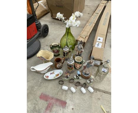 AN ASSORTMENT OF ITEMS TO INCLUDE CERAMIC TANKARDS, NAPKIN RINGS AND A SODA SYPHON ETC
