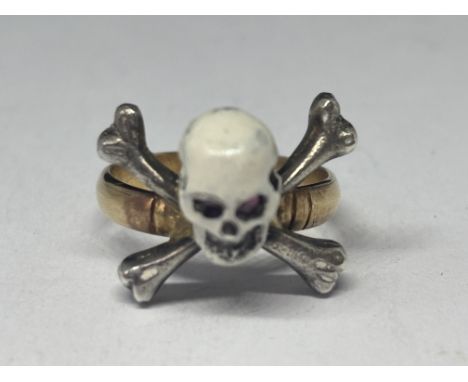 AN 18TH CENTURY MOMENTO MORI SKULL AND CROSS BONES RING, SET WITH RUBY EYES IN A PRESENTATION BOX