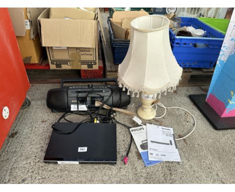 AN ASSORTMENT OF ITEMS TO INCLUDE A PHILIPS RADIO CASETTE PLAYER, A LAMP AND A PANASONIC DVD PLAYER