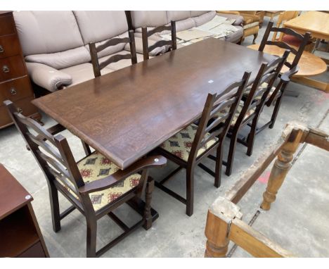 AN OAK REFECTORY TABLE, 72" X 30" AND SIX LADDER-BACK DINING CHAIRS, TWO BEING CARVERS