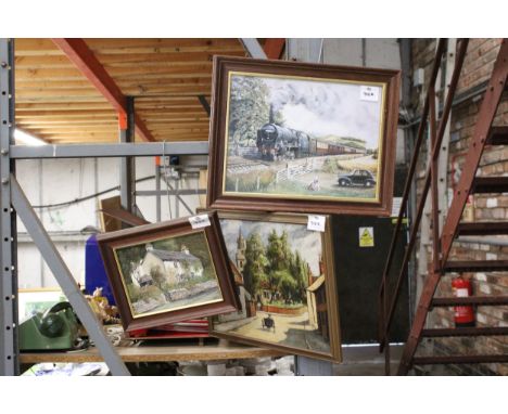 A FRAMED PRINT OF "THE BLACK WATCH" BY J. HUGHES TOGETHER WITH A PRINT OF A TOWN SCENE AND AN OIL ON BOARD OF A COTTAGE