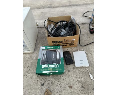 AN ASSORTMENT OF ITEMS TO INCLUDE A SONY WALKMAN AND A MICROPHONE ETC