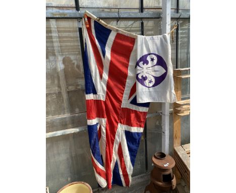 A LARGE VINTAGE UNION JACK FLAG AND A SMALLER SCOUTS FLAG