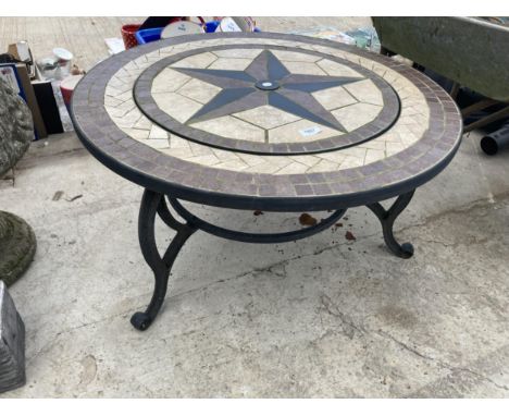 A METAL TILE TOP FIRE PIT TABLE