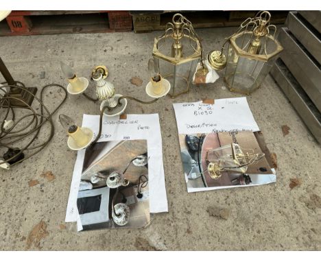 A THREE BRANCH CEILING LIGHT AND TWO BRASS CEILING LIGHTS