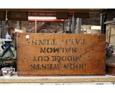 A VINTAGE WOODEN JOHNN SMITH'S TINNED SALMON BOX