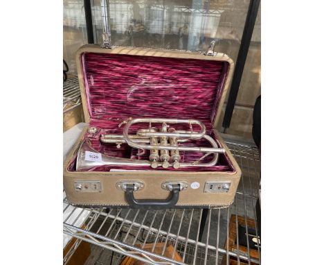 A SILVER PLATED MADE IN CHINA TRUMPET WITH CARRY CASE AND MOUTH PIECE